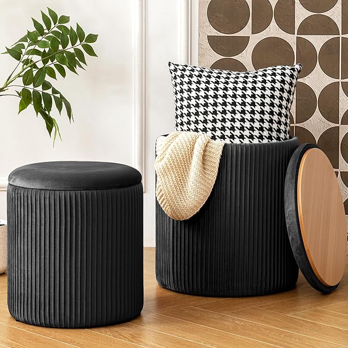 with Storage Set of 2, Velvet Round Storage Ottoman, Upholstered Sponge Vanity