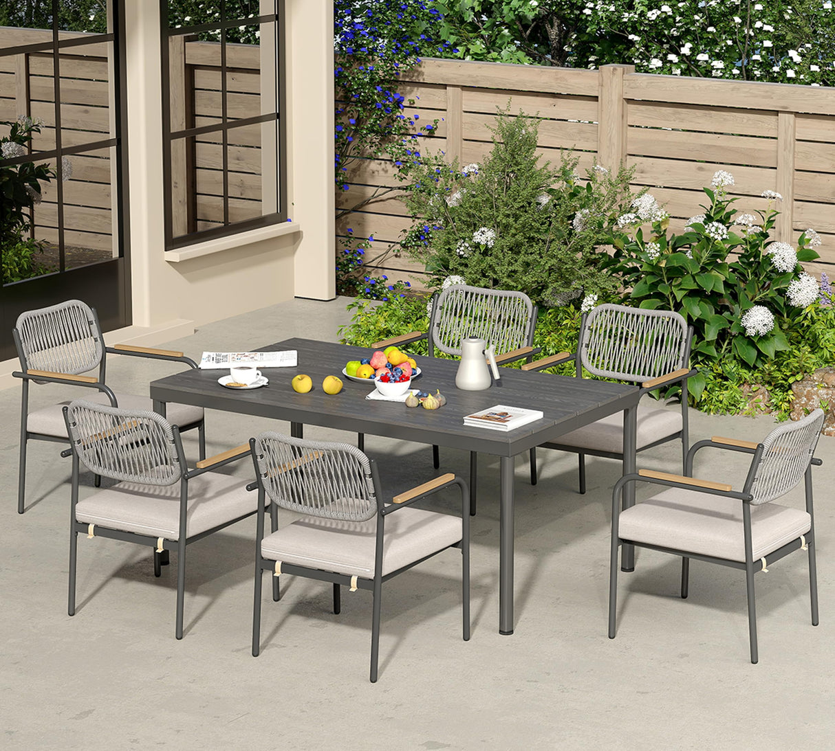 Wicker Outdoor Dining Set for 6, Upholstered 7 Piece Patio Dining Set with Armrests
