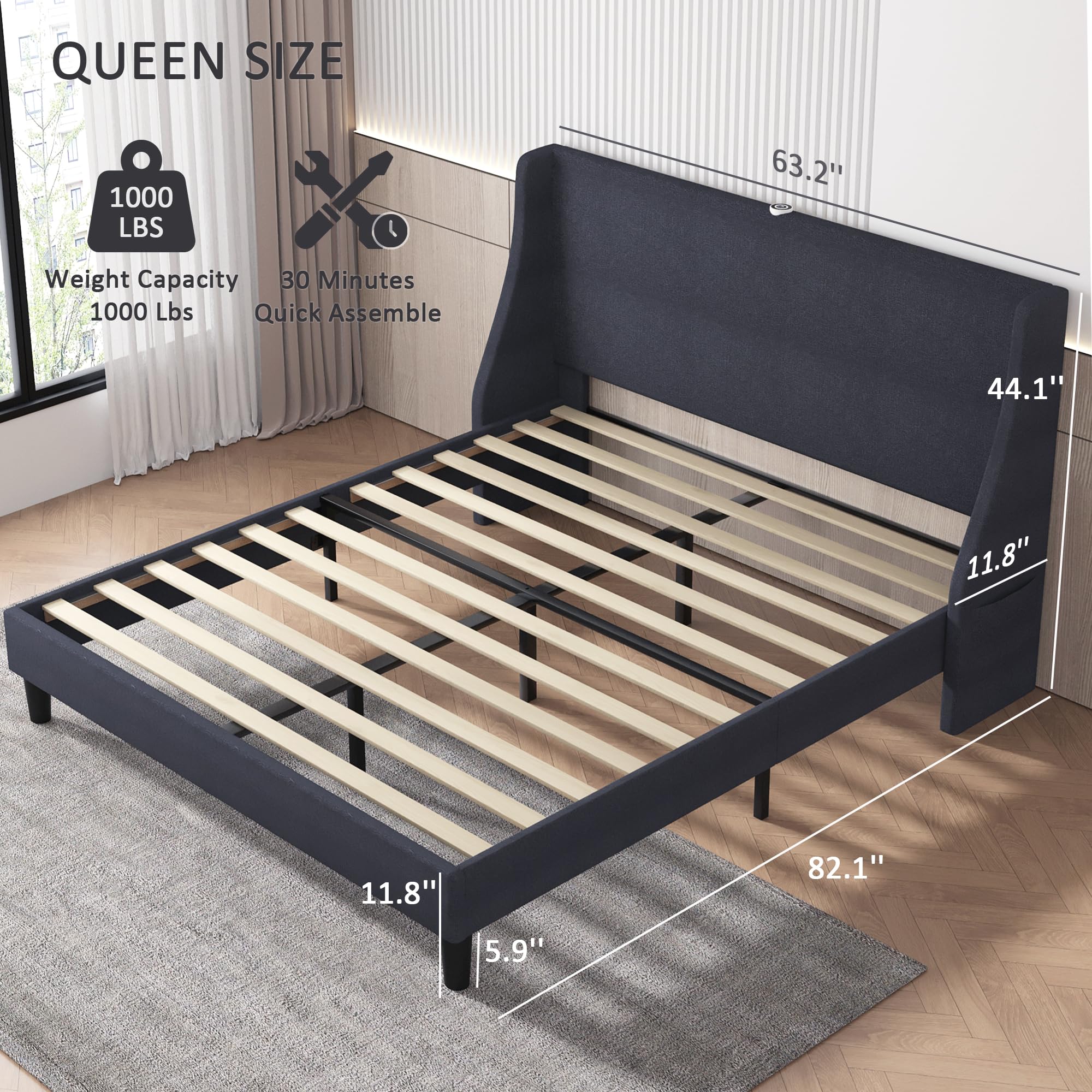 Queen Bed Frame with Type-C & USB Port, Wingback Headboard, Upholstered Platform