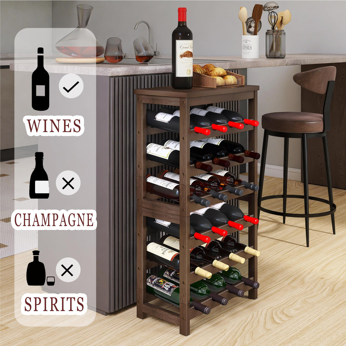 24-Bottle Wine Rack, 6 Tier Bamboo Wine Display Storage Shelves