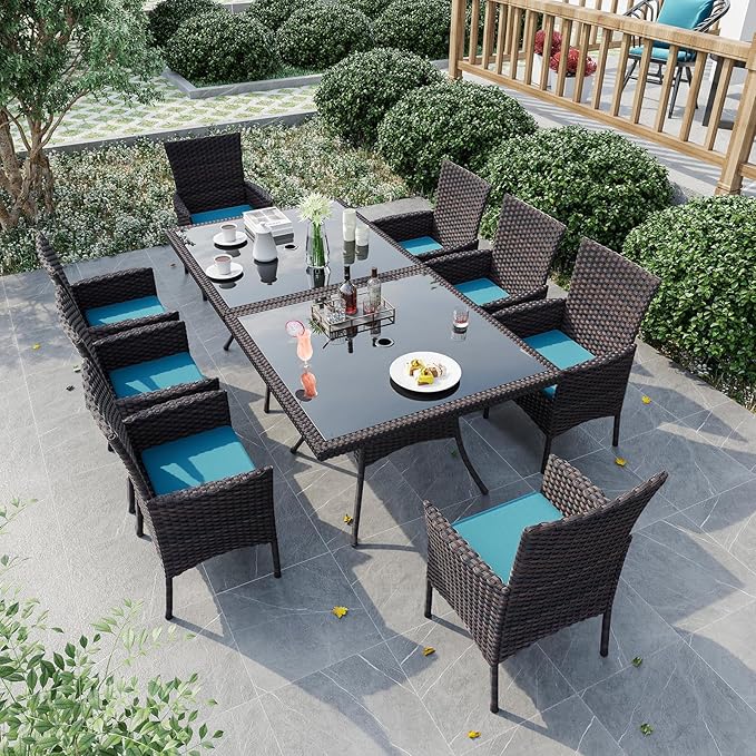 10-Piece Indoor/Outdoor Dining Table Set, Garden Patio Rattan Set with w/Tempered Glass Tabletop