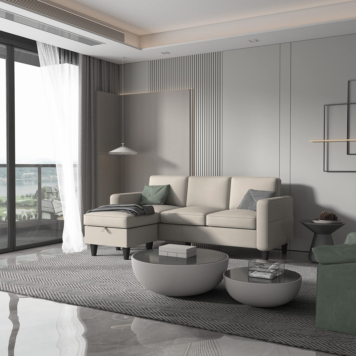 L-Shaped Sectional, Modern Linen Fabric 3-Seat Sofa Couch Furniture Set