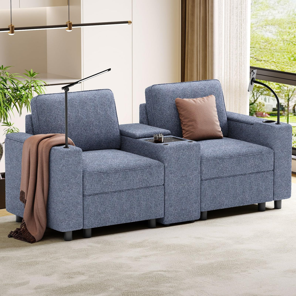 Home Theater Seating Set of 3, Power Conscle with Cup Holders, Bluetooth Stereo,