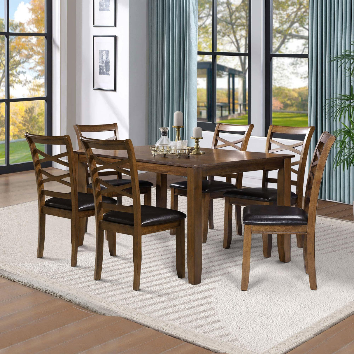 6, Rubber Wood Dining Table with 6 Cushioned Chairs Rustic Kitchen Table, 60" L x 36" W