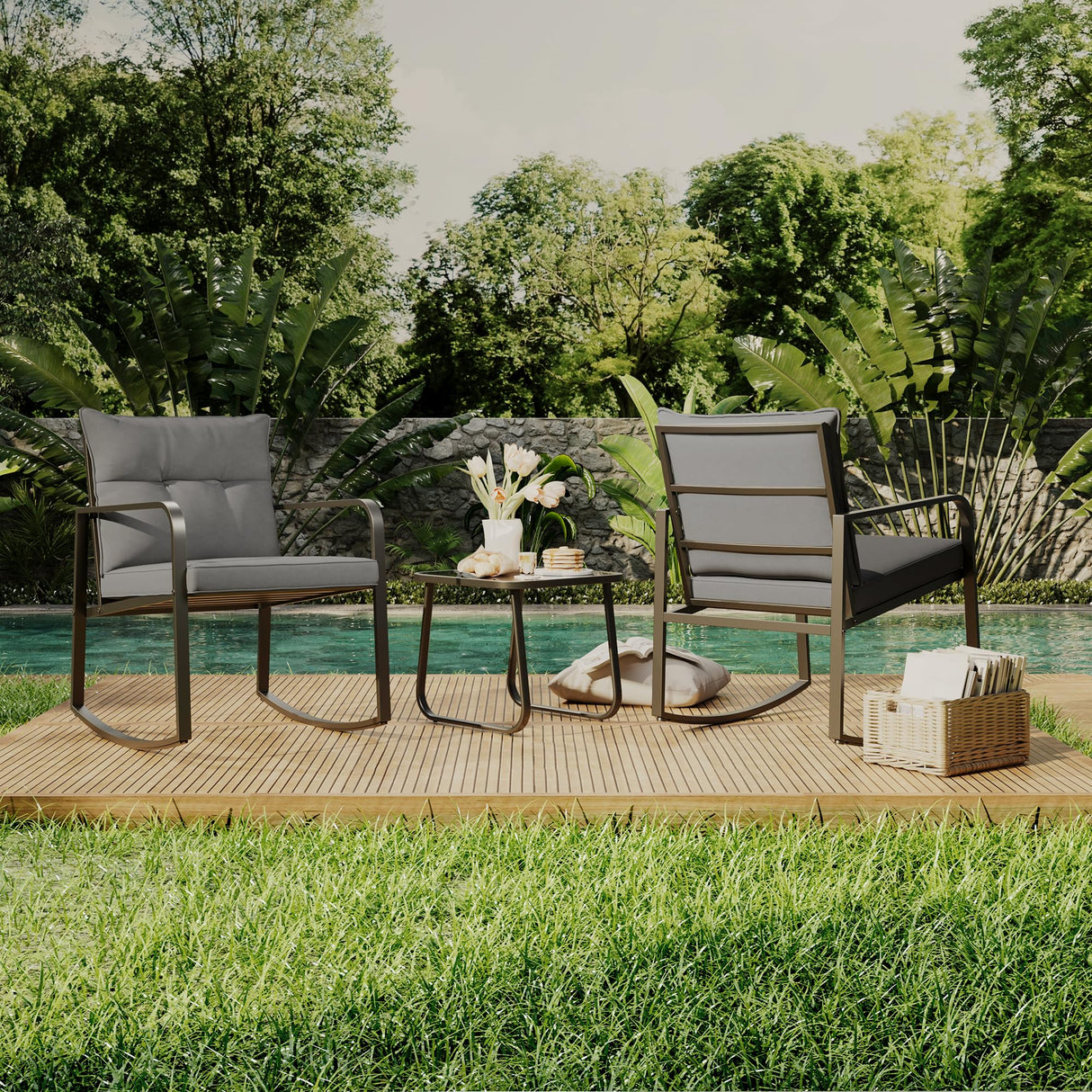 3 Piece Outdoor Rocking Bistro Set, Black Steel Furniture