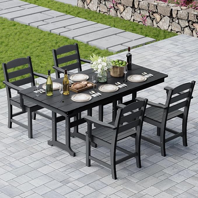 7 Pieces Patio Dining Set for 6, 71" HDPE All-Weather Dining Table & Chairs