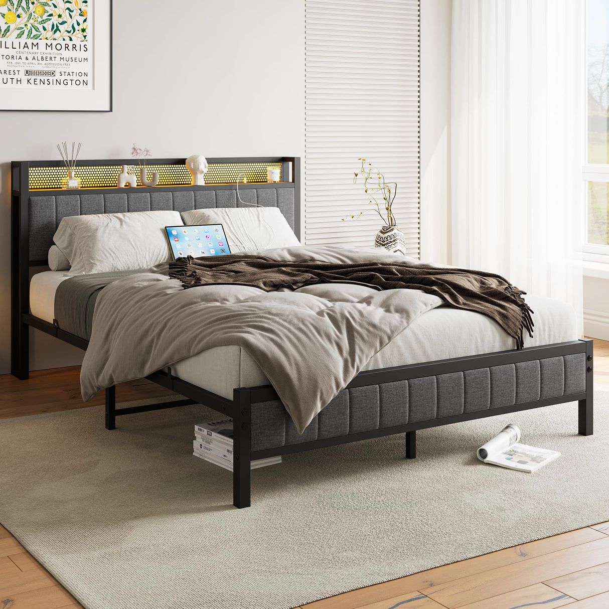 Queen Bed Frame with Storage Headboard,USB Charging Station