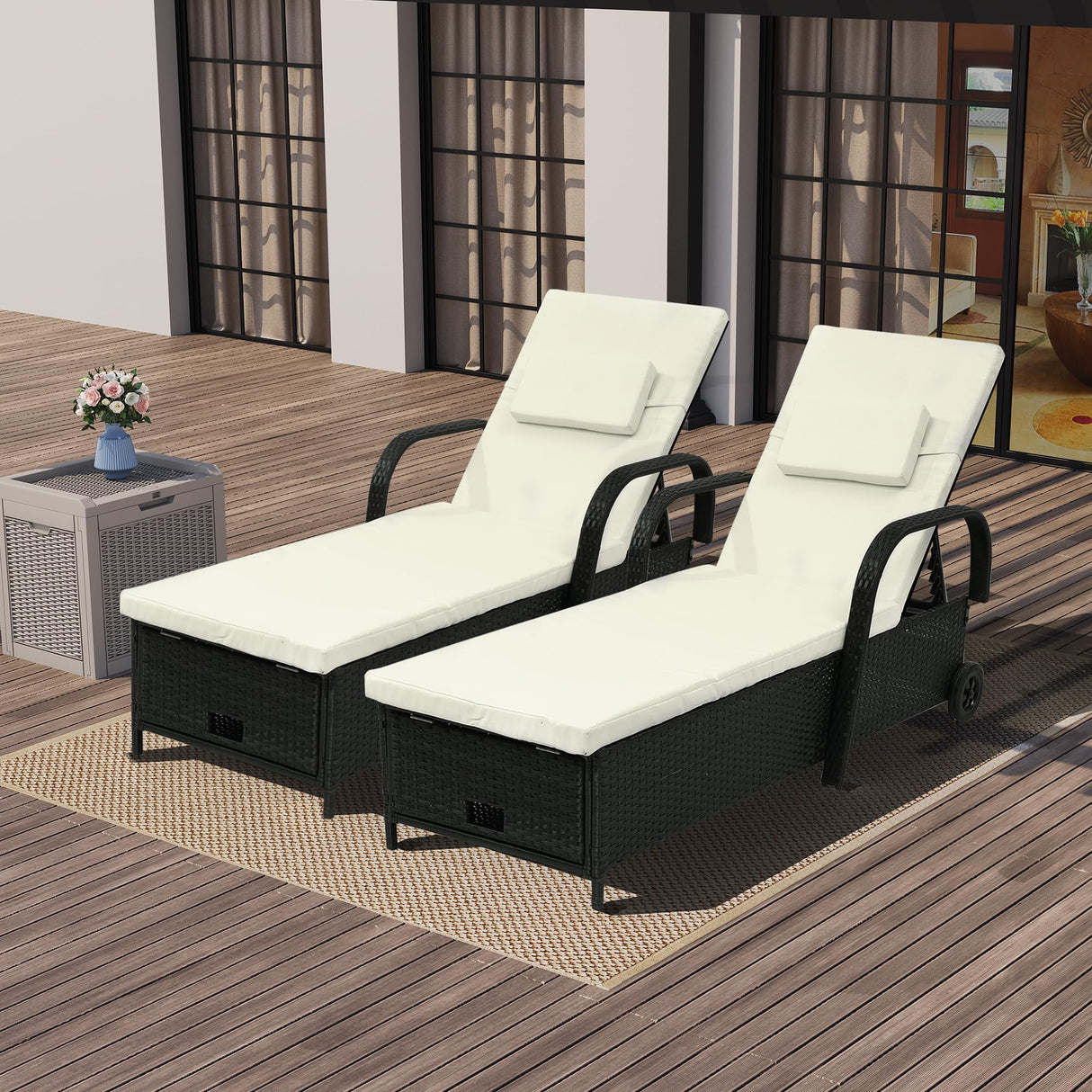 Outdoor Wicker Chaise Lounge Chair Set of 2 w/Storage, Rattan Patio Pool Lounger