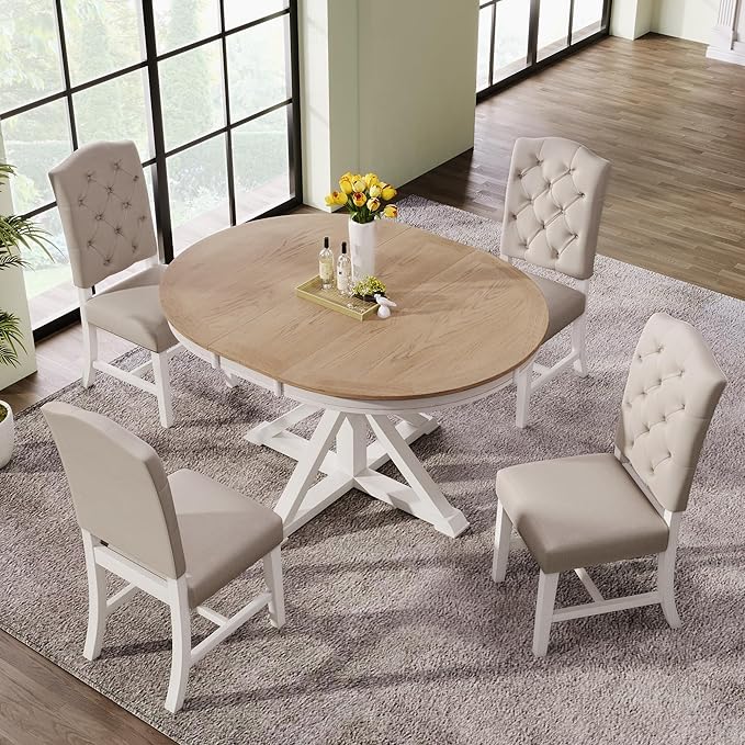 Dining Table Set, Wood Round Dining Table Set with Extendable Table and 4 Upholstered
