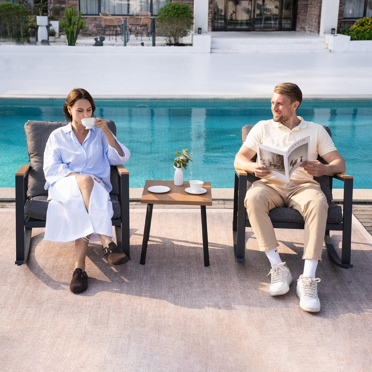 3 Pieces Rocking Bistro Set, Outdoor Patio Furniture Set with Thick Cushions and Coffee