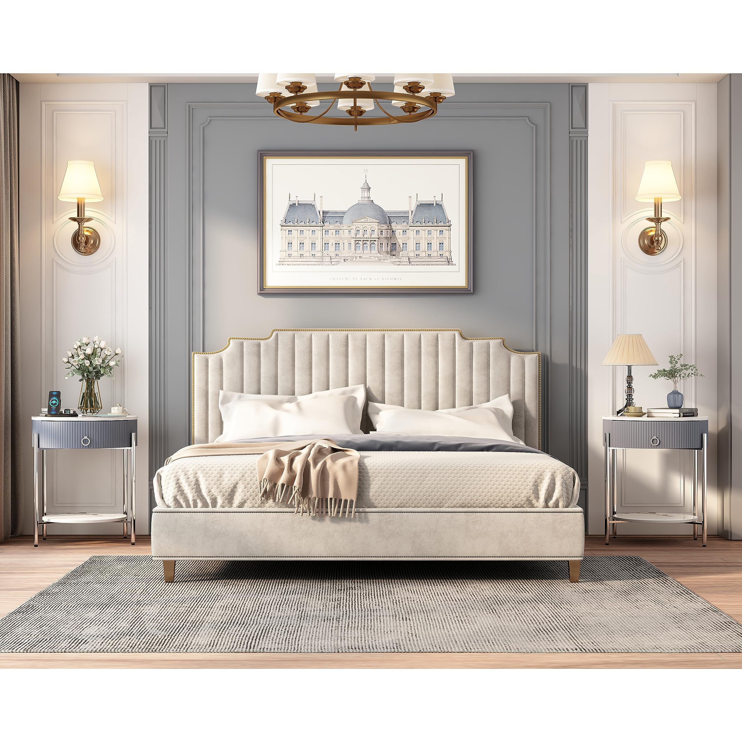 Round Side Table with Drawer, Modern Nightstand with Shelf and Chrome