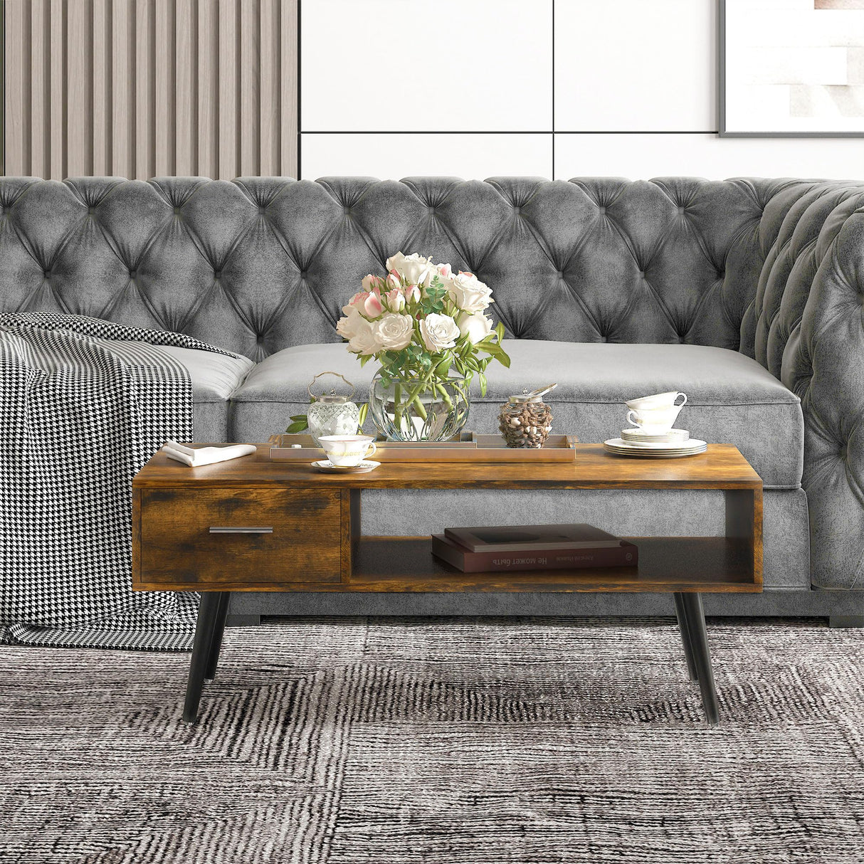 43" Mid-Century Modern Coffee Table with Drawer and Shelf, Cocktail Center Table