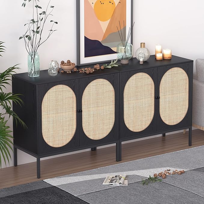 Cabinet with Natural Rattan Hand-Woven Doors, Rattan Cabinet Console Table Buffet Storage Accent Credenza, for Kitchen Living Room Hallway Entryway-2 Pieces,
