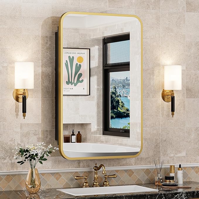 Black Recessed Bathroom Medicine Cabinet with Mirror