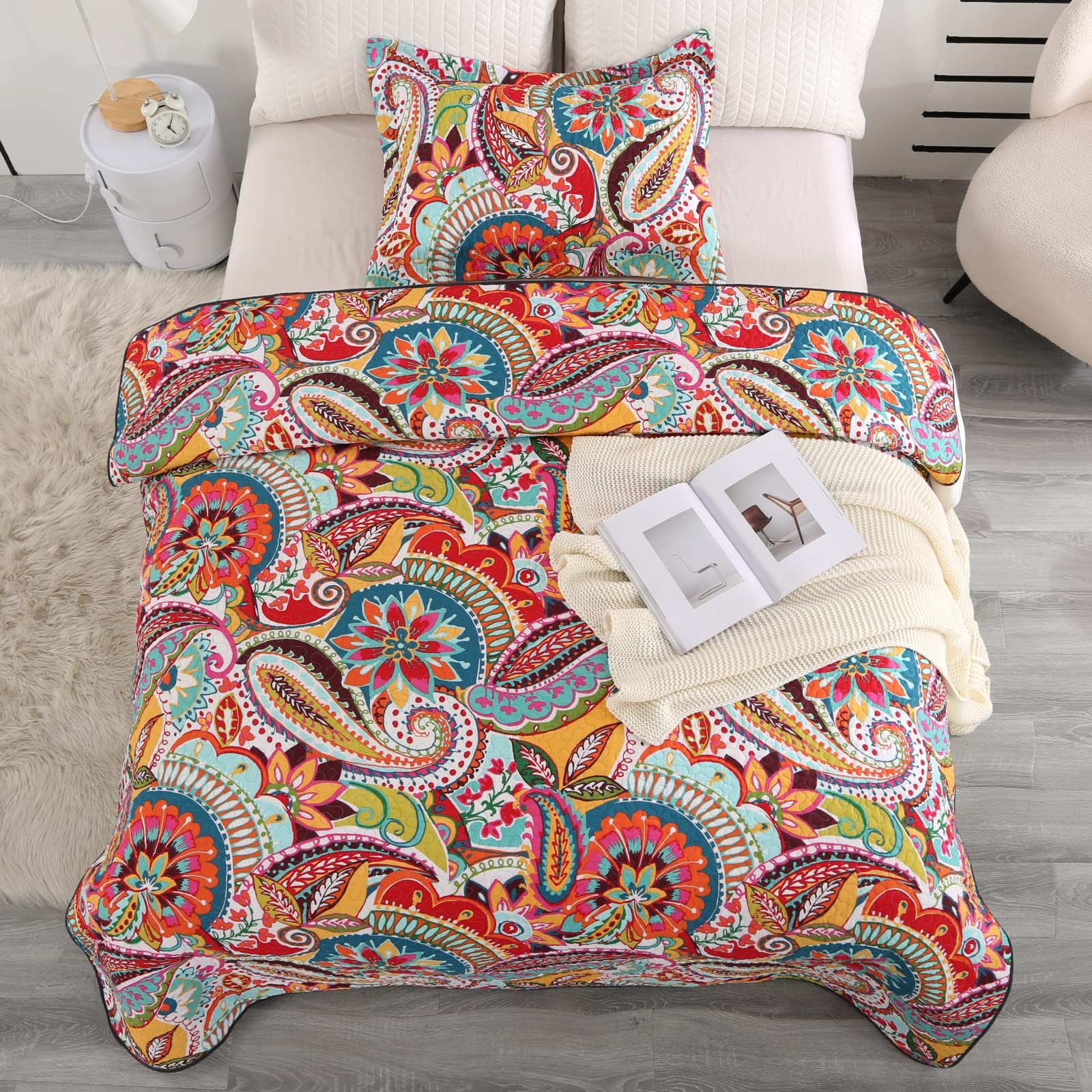 Cotton Twin Quilts Sets, 2 Piece Multicolor Paisley Pattern Red