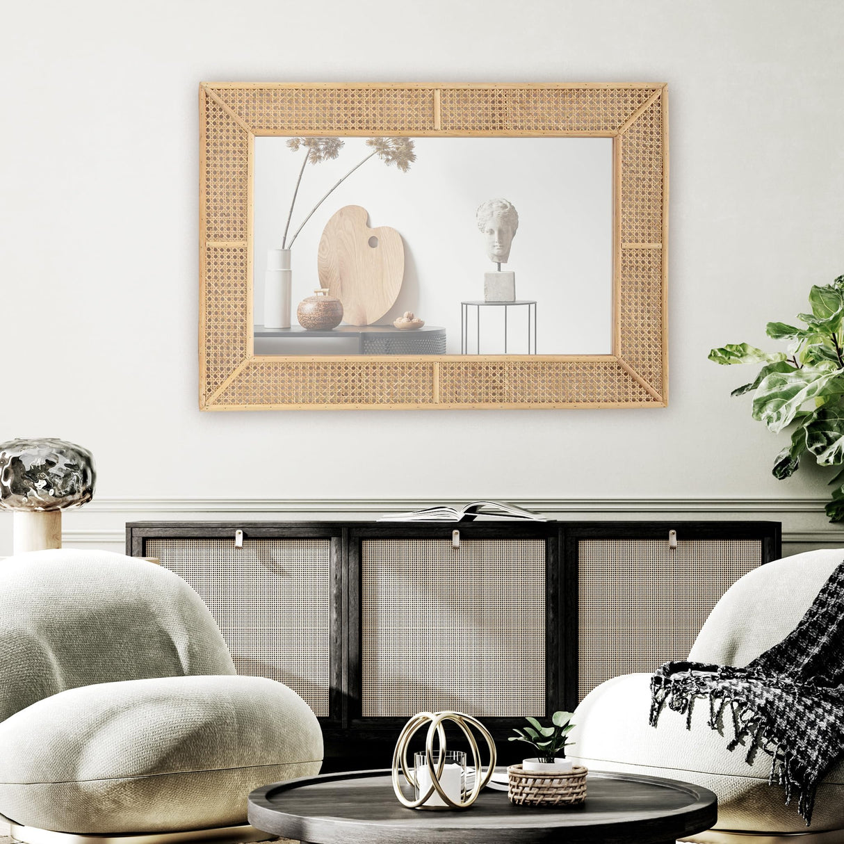 Wooden and Rattan Mirrors, Boho Rectangle Wall Mirror