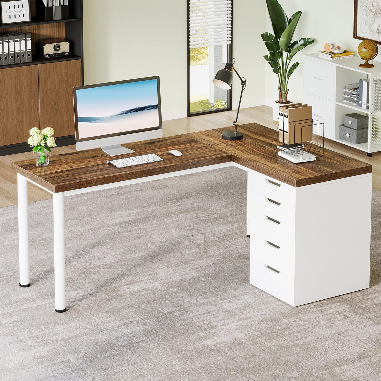 L-Shaped Computer Desk with 5 Drawers, 55 Inches Corner Desk Office Desk