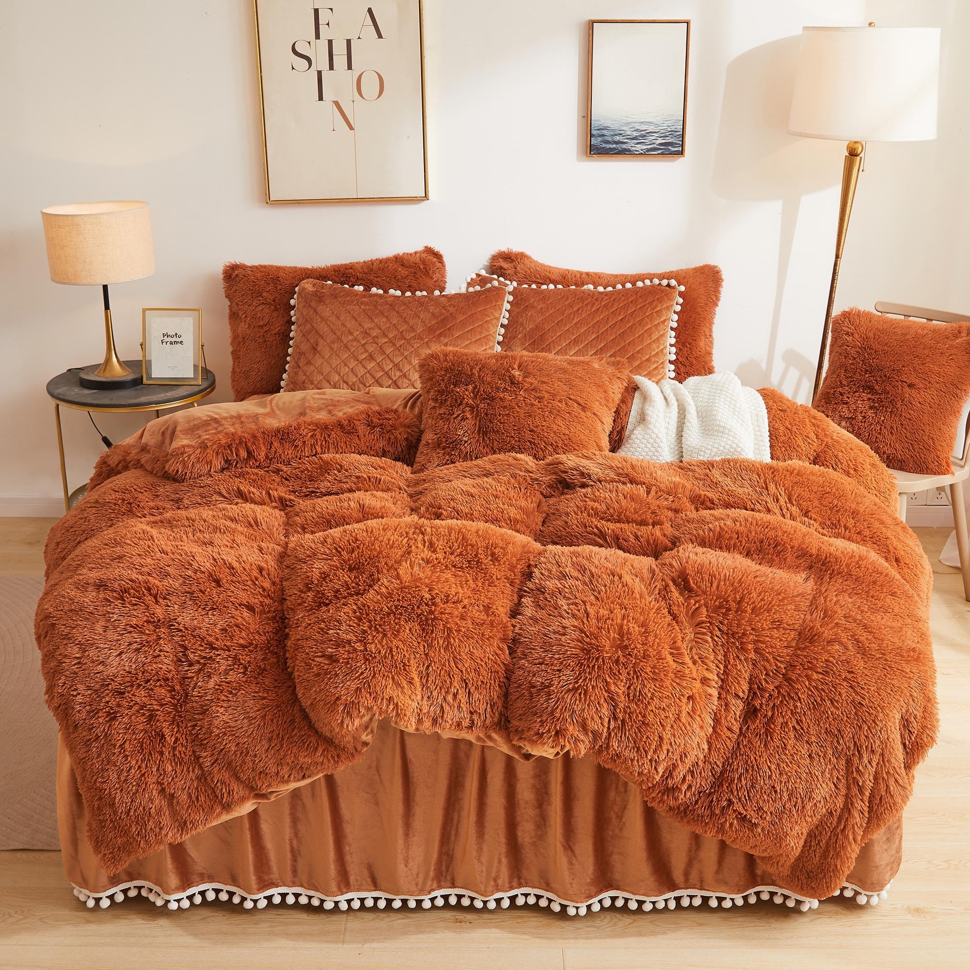 Terracotta Plush Shaggy Duvet Cover Set, Soft Velvet Fluffy Comforter