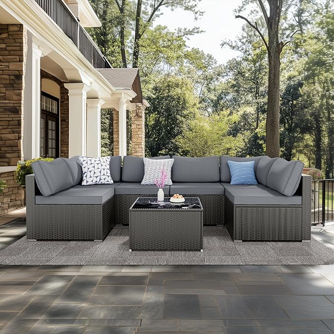 7 Pieces Patio Furniture Set - Outdoor Sectional Wicker Rattan Furniture
