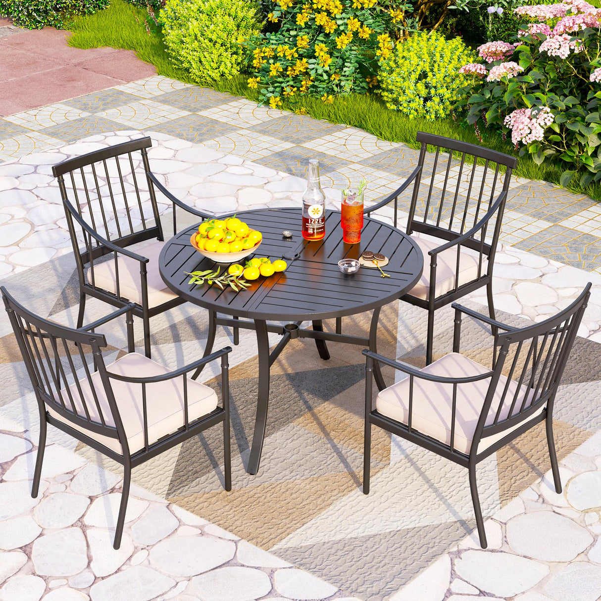Outdoor Round Dining Table for 4, 42" Large Metal Wrought Iron Table with Umbrella Hole