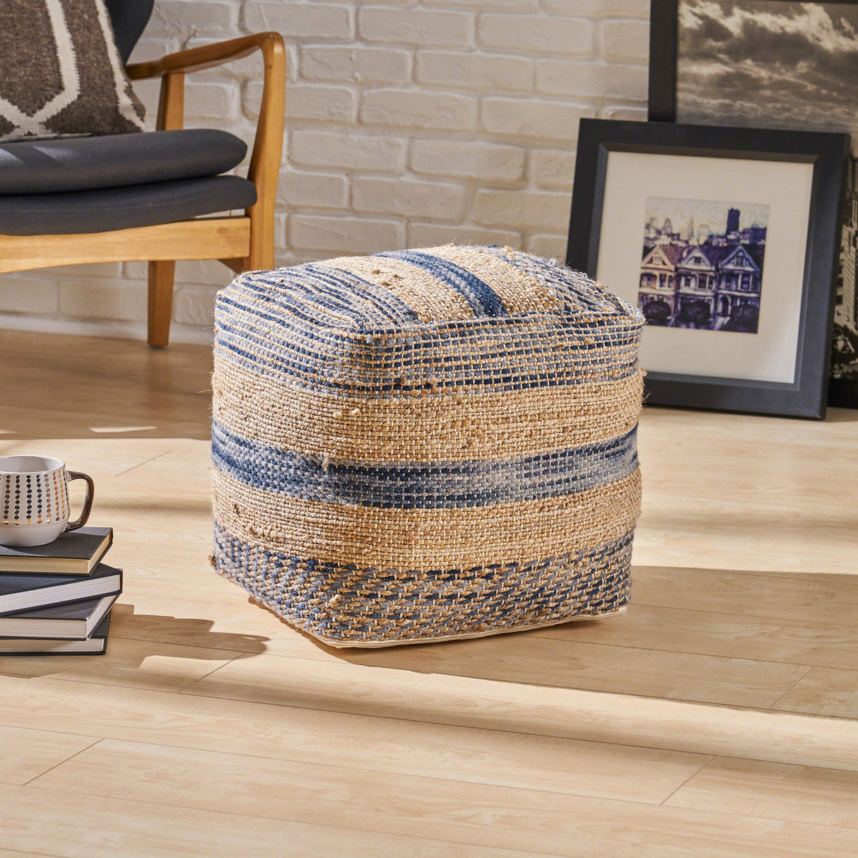 Lola Boho Hemp and Wool Pouf, Natural and Blue