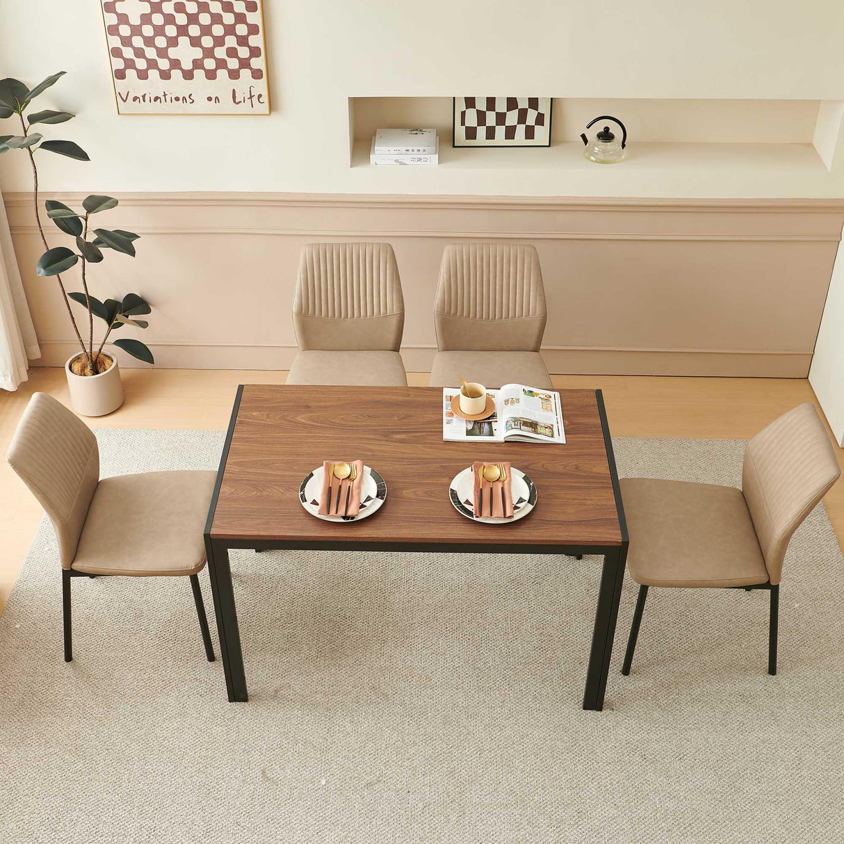 47" Dining Table, 4-Person Indoor Walnut Wood Grain Effect Table with Metal Legs