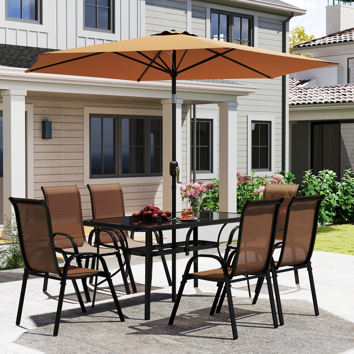 8 Pieces Patio Table and Chairs Set with 9 Ft Patio Umbrella, Outdoor Dining Set