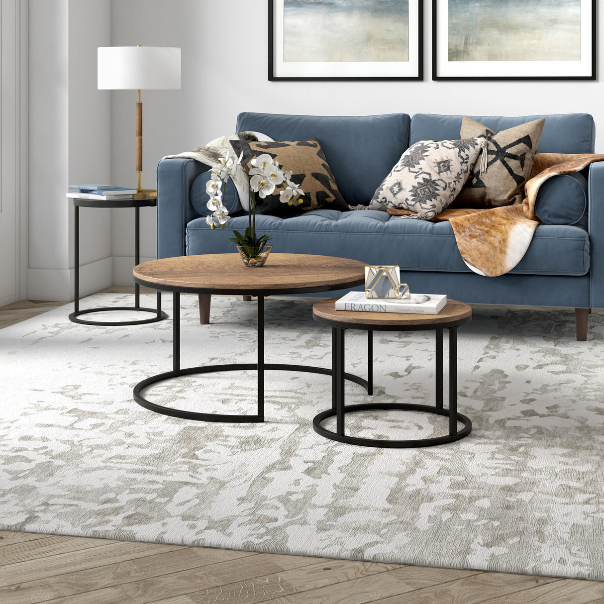 Set of Two 35" Black and Brown Round Nested Coffee Tables