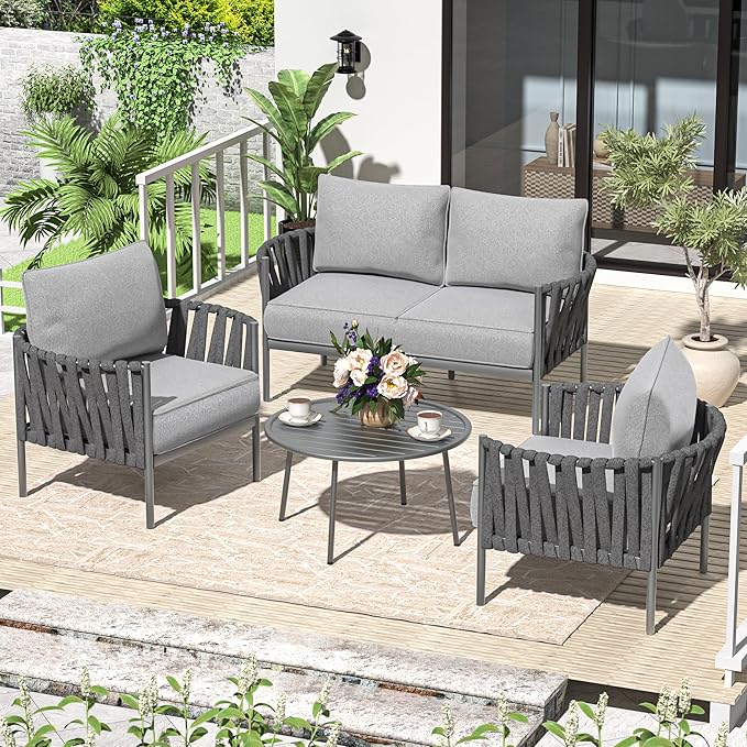 Modern 4-Piece Outdoor Patio Conversation Set with Grey Cushions & Metal Frame