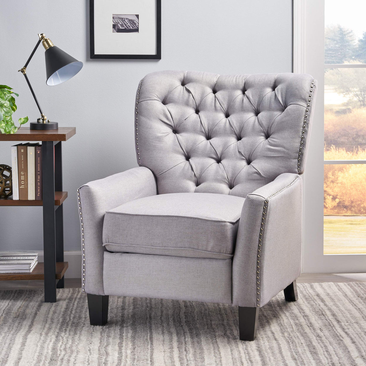 Cerelia Tufted Fabric Recliner, Light Grey / Dark Brown