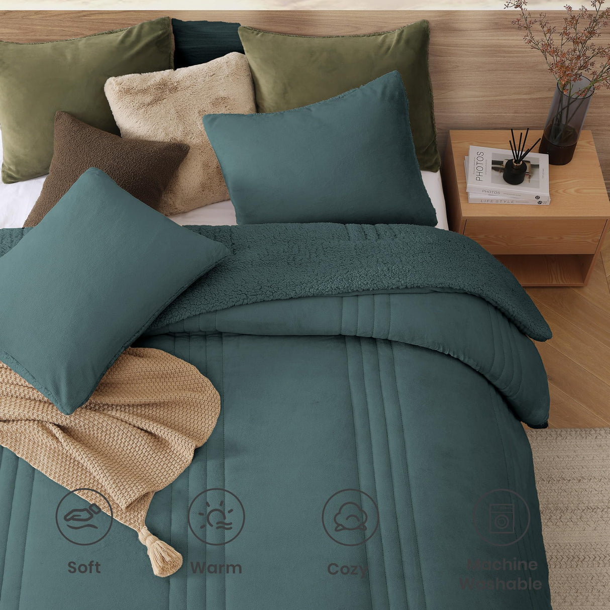Monbix Fluffy Queen Comforter Set – 3 Piece Cozy Sherpa Comforter Queen Size Teal, Winter Warm Fleece Bedding Set, Luxury Coco Plush Winter Fuzzy Bed Set, 1 Comforter with 2 Pillowcases