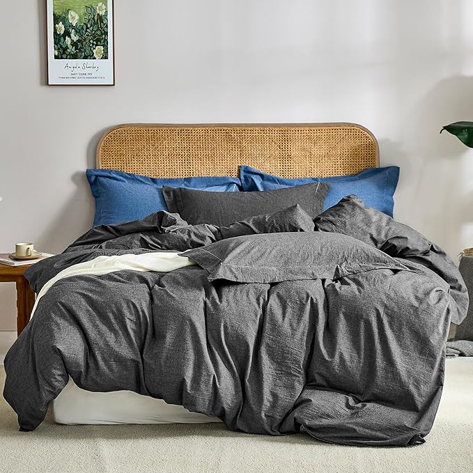 100% Washed Cotton 3 Pieces Blue Duvet Cover Queen Size - Linen Like Textured Breathable Comforter Cover with Pillow Shams (Blue, 90"x90")