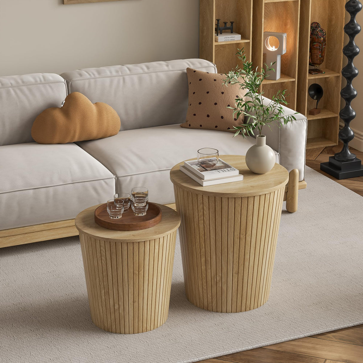 Nesting Coffee Table Set of 2, Round End Table with Storage, Farmhouse Side Table