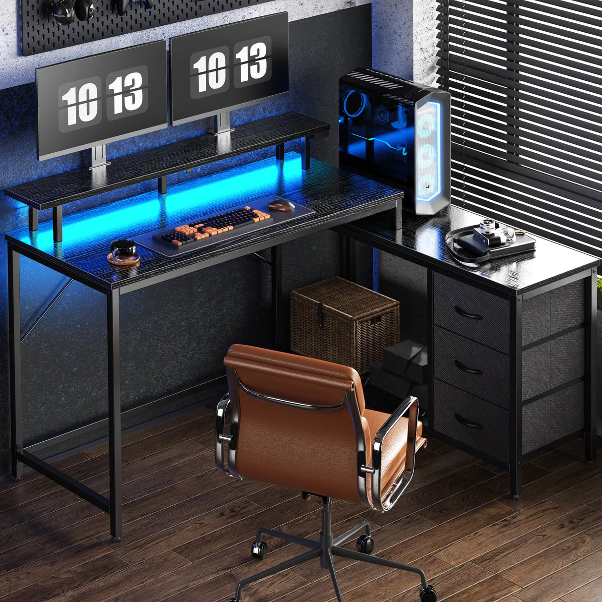Reversible L Shaped Computer Desk with Drawers, Gaming Desk with LED Lights and Power Outlets, Office Desk with Storage Shelves, for Home & Office, Black