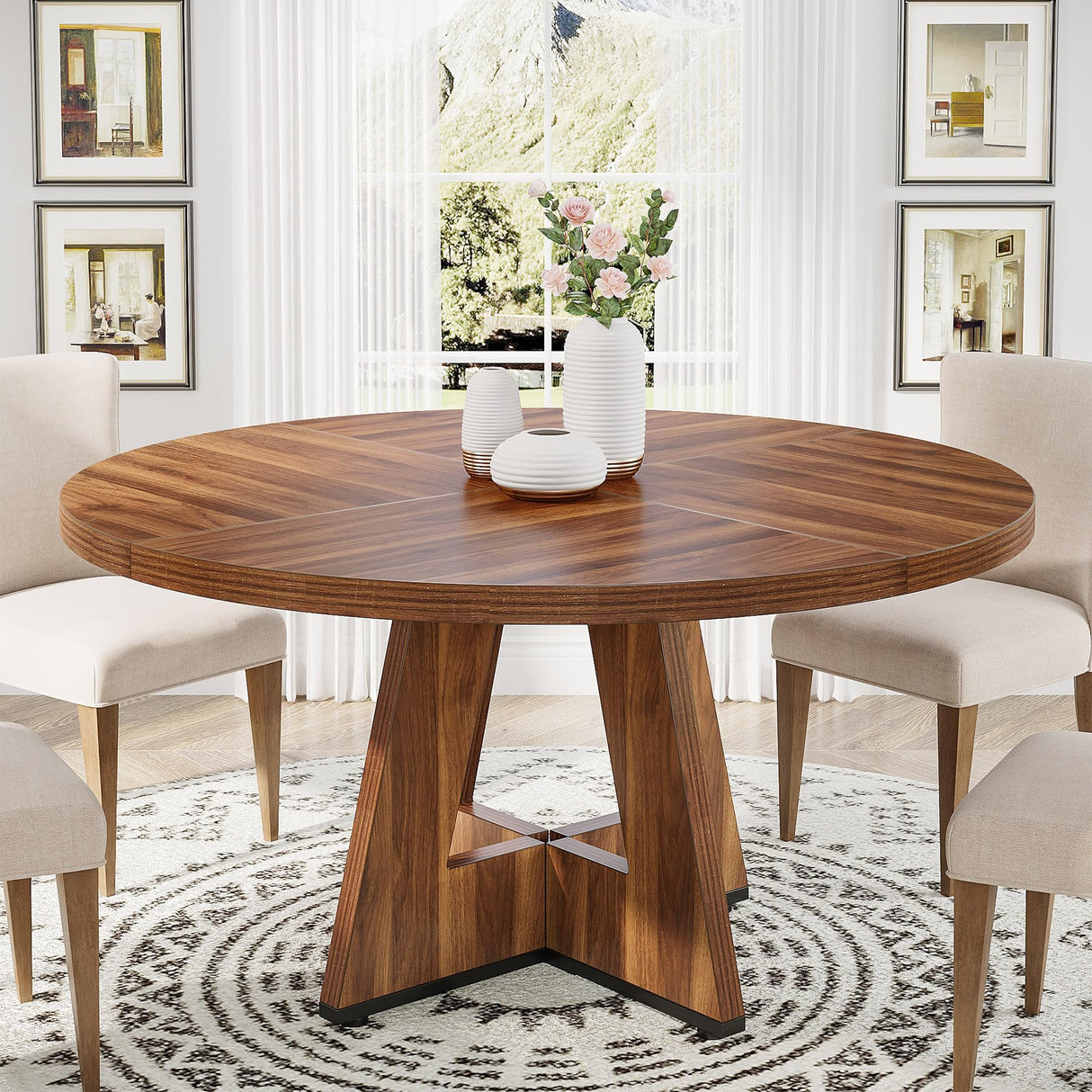 47 Inch Round Farmhouse Dining Table for 4 - Rustic Wood Kitchen Table