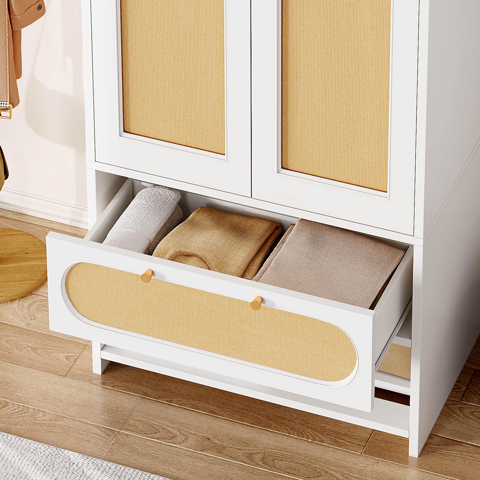 Natural Rattan Armoire Storage Cabinet, 70" Tall Rattan Armoire Closet with Doors