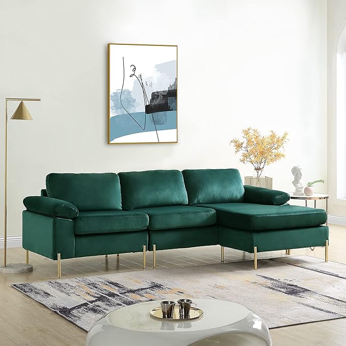 Velvet Reversible Sectional Sofa with Ottoman and Tufted Back