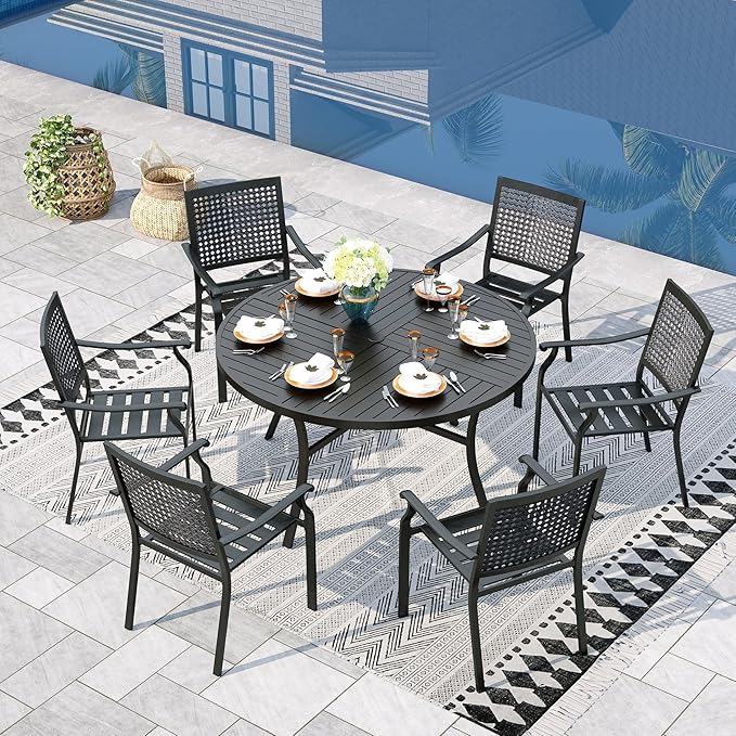 Round Patio Table and Chairs Set, Outdoor Dining Set for 6, 7 Piece Metal Patio Furniture