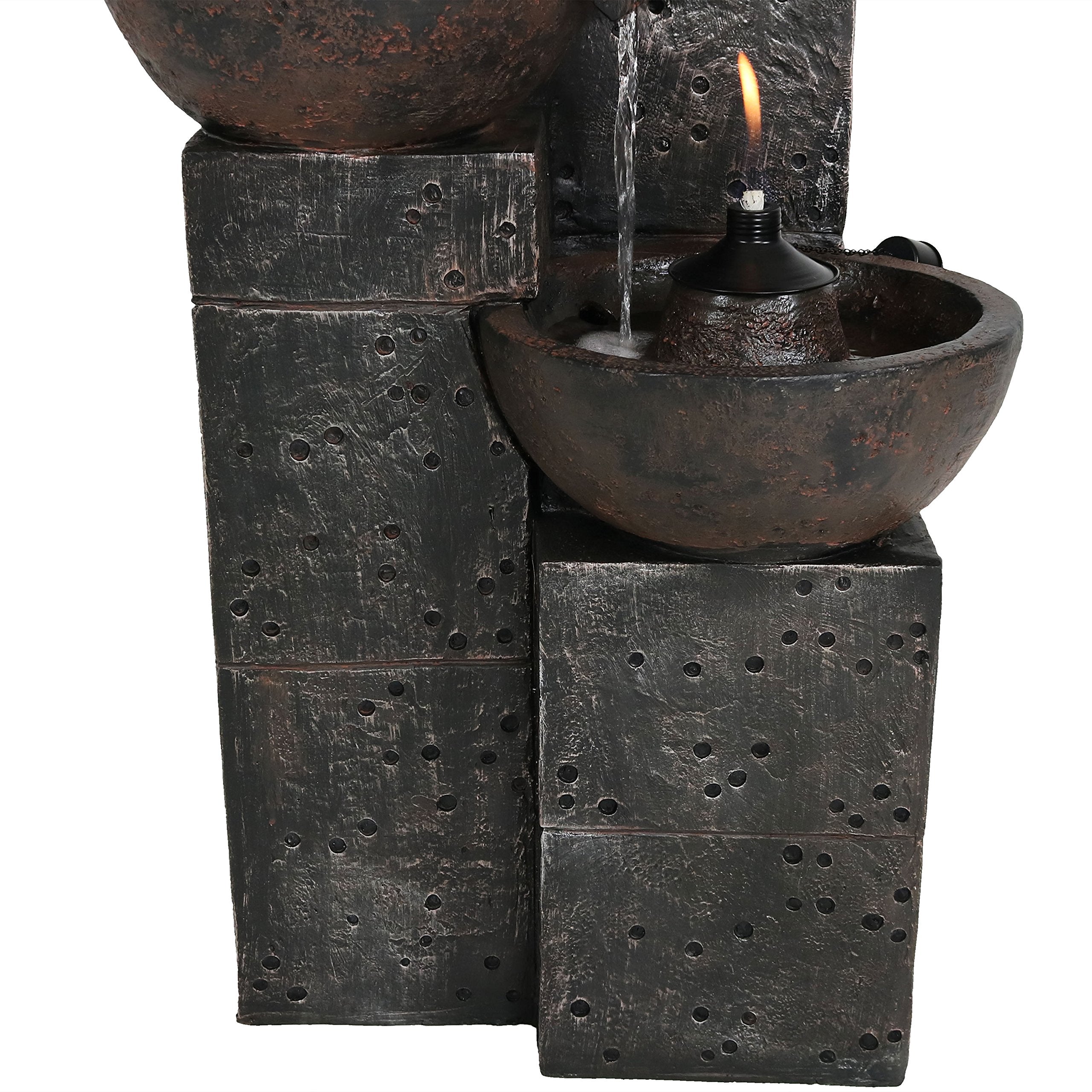 Sunnydaze Burning Bowls 34-Inch 3-Tier Outdoor Water Fountain and Fire Feature - 3 Torches - Electric Submersible Pump