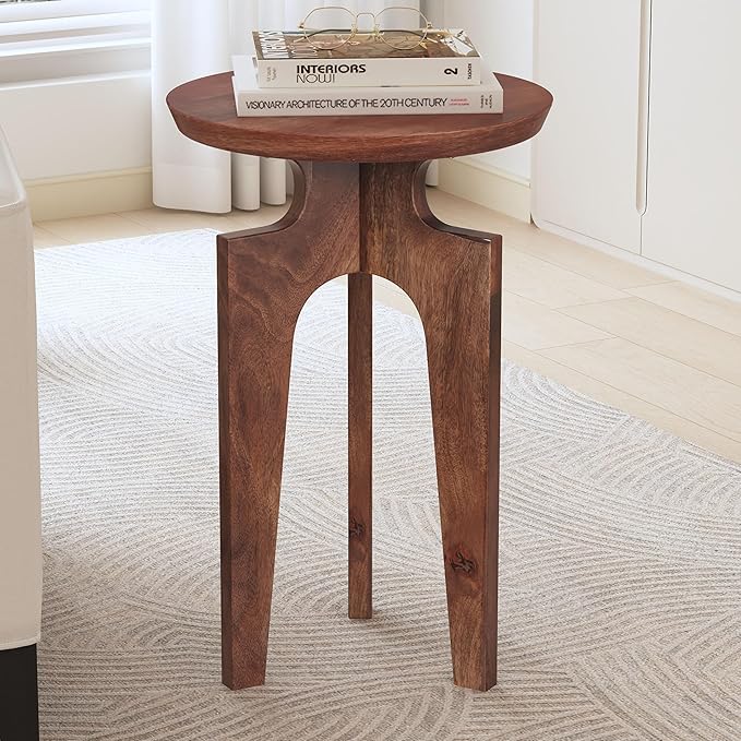 Laveer Wood End Table, Indoor Round Side Table, Small Drink Table