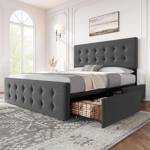 Idealhouse Upholstered Bed Frame with 4 Drawers & Adjustable Tufted Headboard