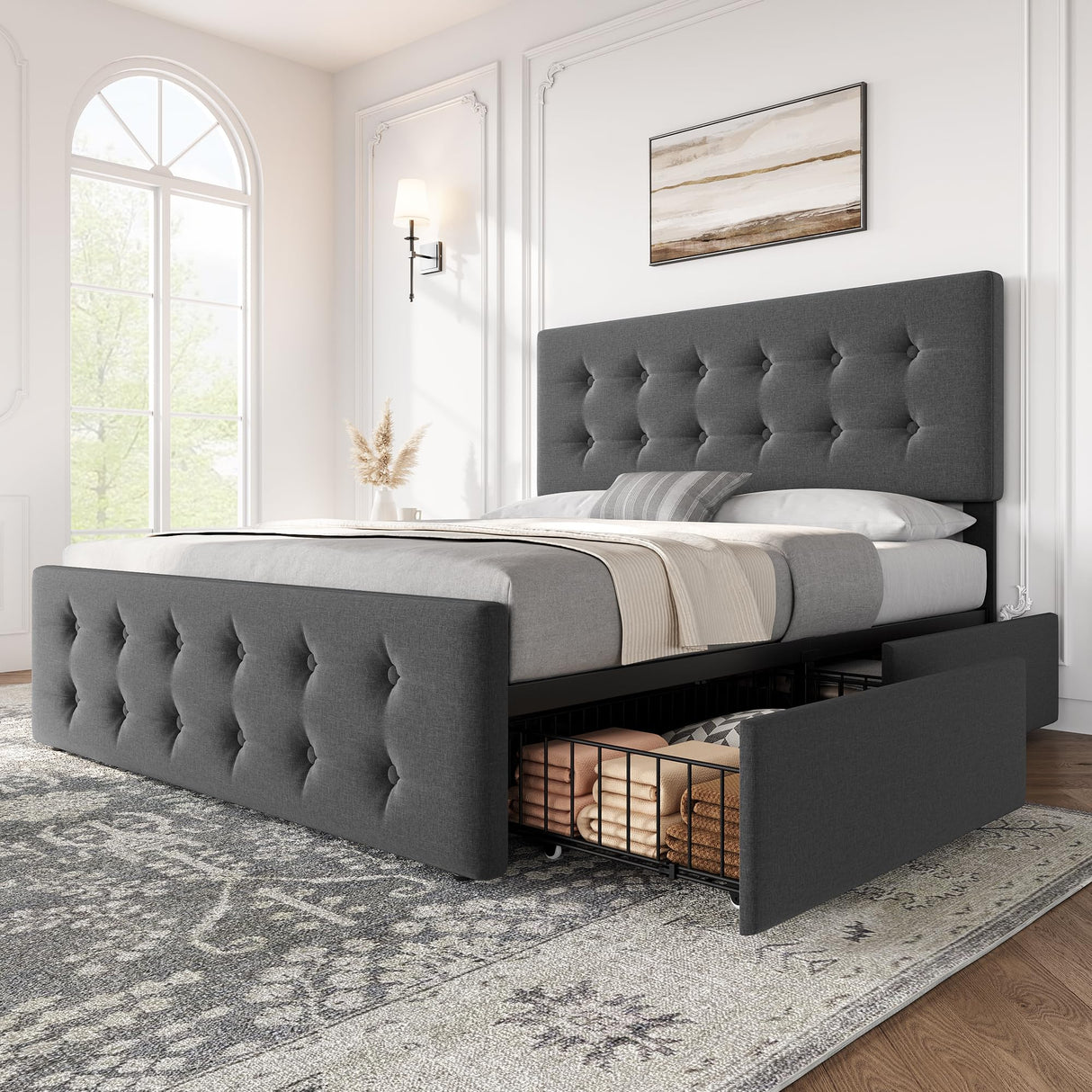 Idealhouse Upholstered Bed Frame with 4 Drawers & Adjustable Tufted Headboard