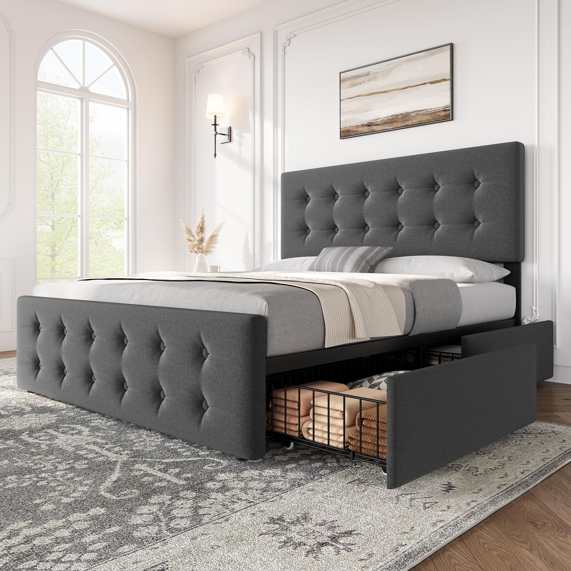 Idealhouse Upholstered Bed Frame with 4 Drawers & Adjustable Tufted Headboard