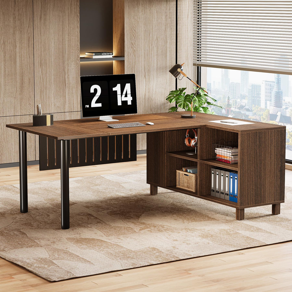 63-Inch L-Shaped Executive Desk, Large Office Desk with Storage Cabinet Shelves, L