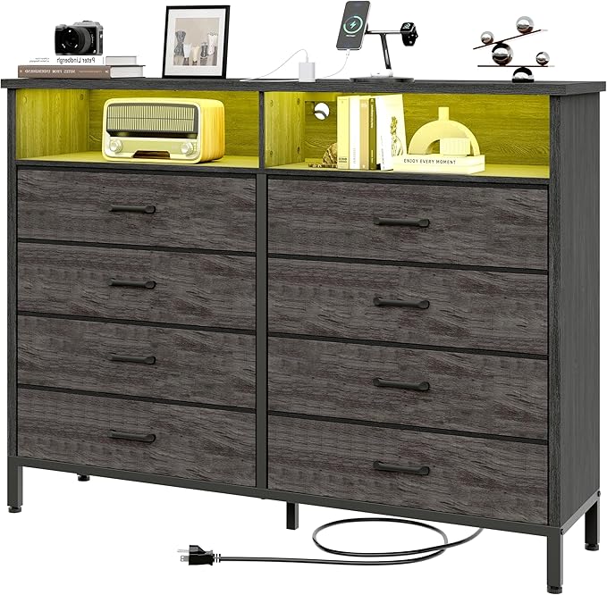 for Bedroom Led Bedroom Dresser with Charging Station, Tall Dresser with 8 Fabric Chest