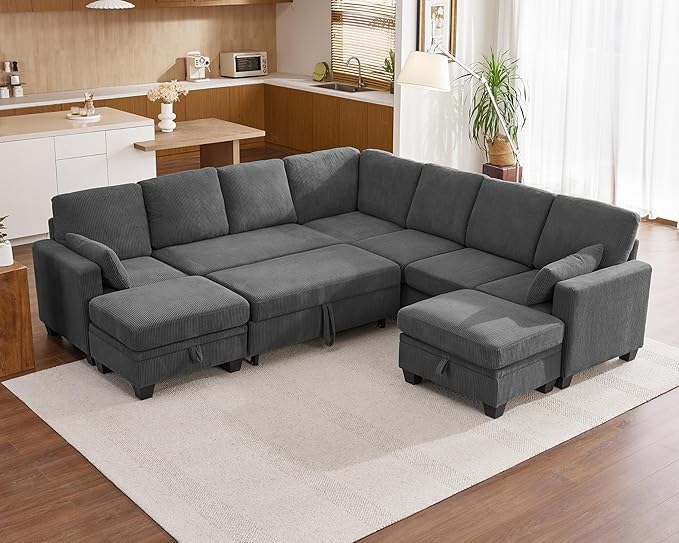 Modular Sofa with Pull Out Bed, Corduroy Sectional Convertible U-Shaped Sleeper