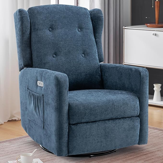 Sereno Electric Swivel Recliner – Power Rocker Glider Chair with USB Ports & Side Pocket