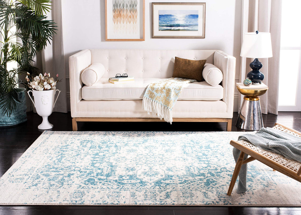 Madison Collection Area Rug - 8' x 10', Teal & Ivory, Snowflake Medallion Distressed Design