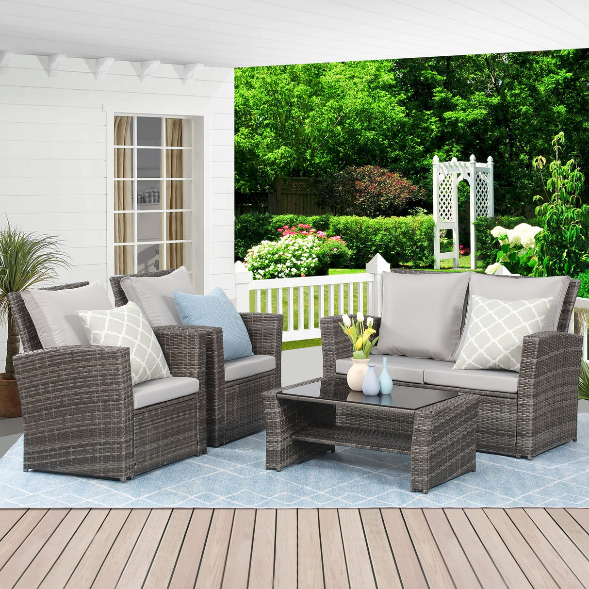 4 Piece Outdoor Patio Furniture Sets, Wicker Conversation Set for Porch Deck