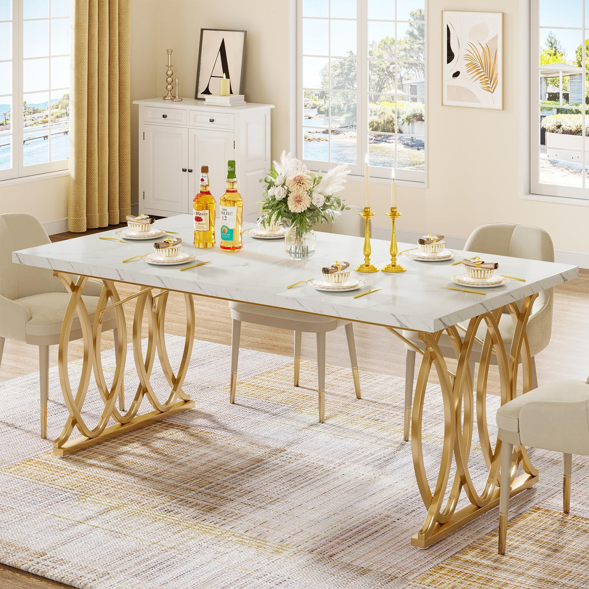 Modern Dining Table, 63" Large Kitchen Table for 4-6 People, Unique Rectangular Dinner Table Kitchen & Dining Room